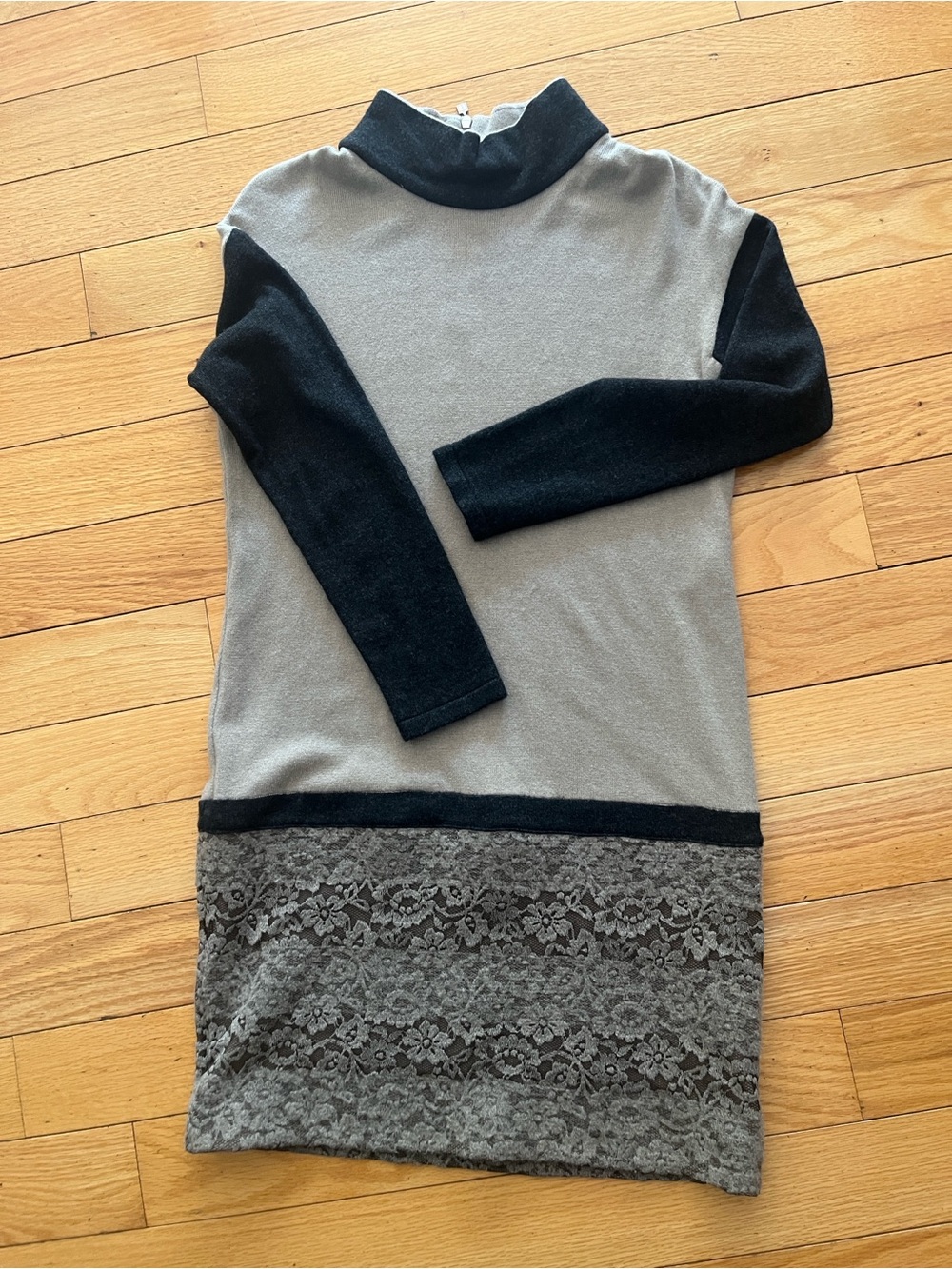 Women’s Grey and Black Lace-Hem Mock Neck cashmere blend Sweater Dress